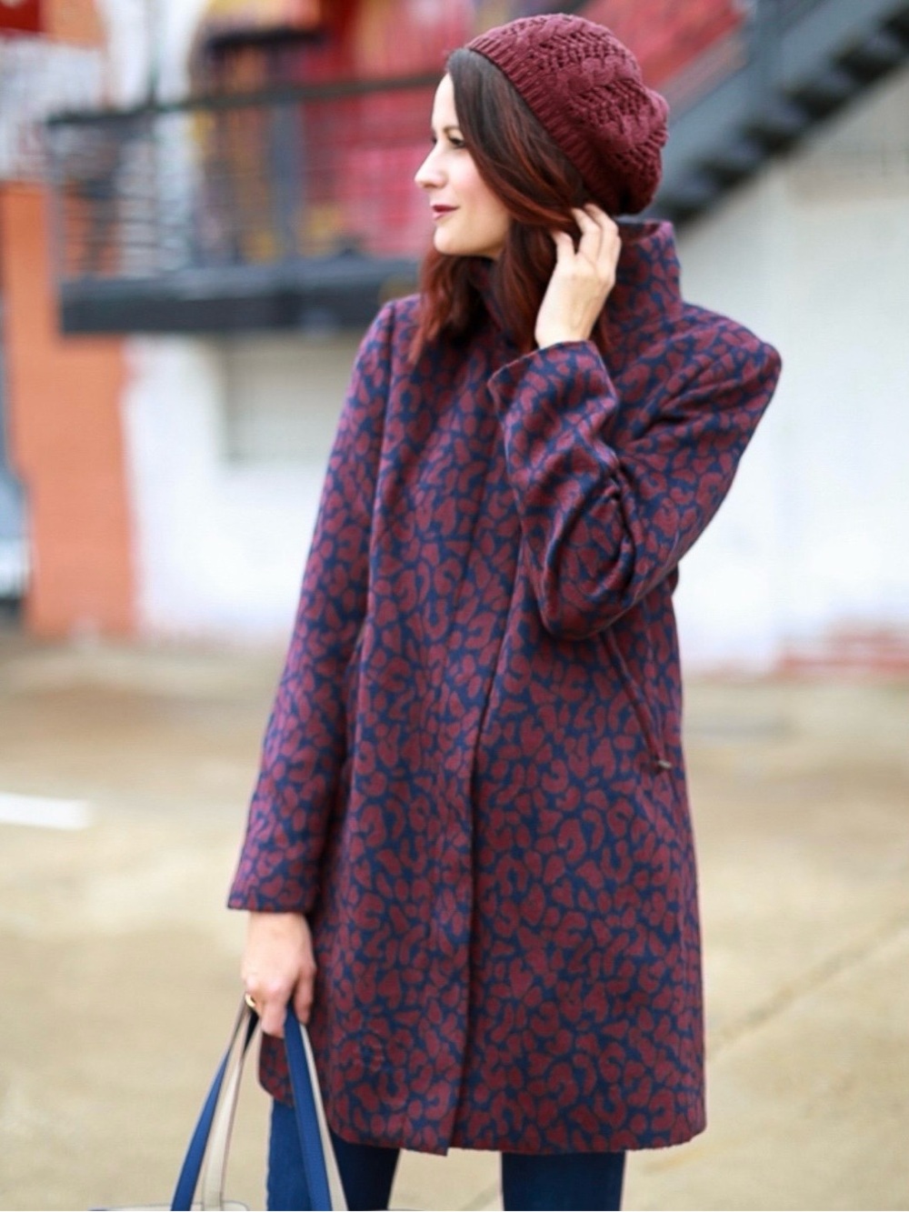 Anne Taylor The Loft Coat Women's Burgundy & Navy Cheetah Patterned Pea Coat